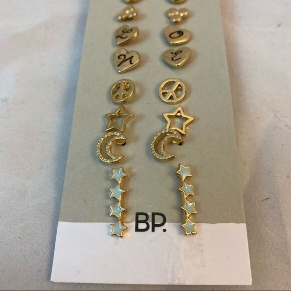 BP. Earrings Set 9 Pair Love Heart Stars Moon Peace Gold Studs Casual Trendy - Picture 5 of 6